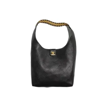 CHANEL Sheepskin HOBO Bag Underarm Hippie Bag Tote Shoulder Bag Small Size Women's Black
