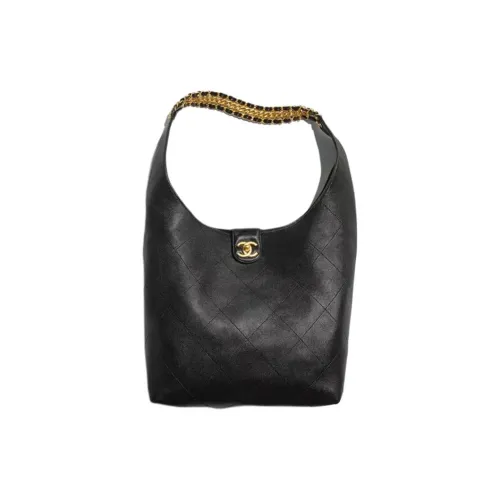 CHANEL Sheepskin HOBO Bag Underarm Hippie Bag Tote Shoulder Bag Small Size Women's Black