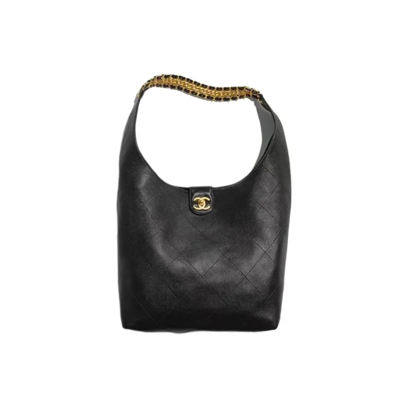 CHANEL Sheepskin HOBO Bag, Underarm, Hippie Style Handbag, Shoulder Bag Trumpets Women's Black-0