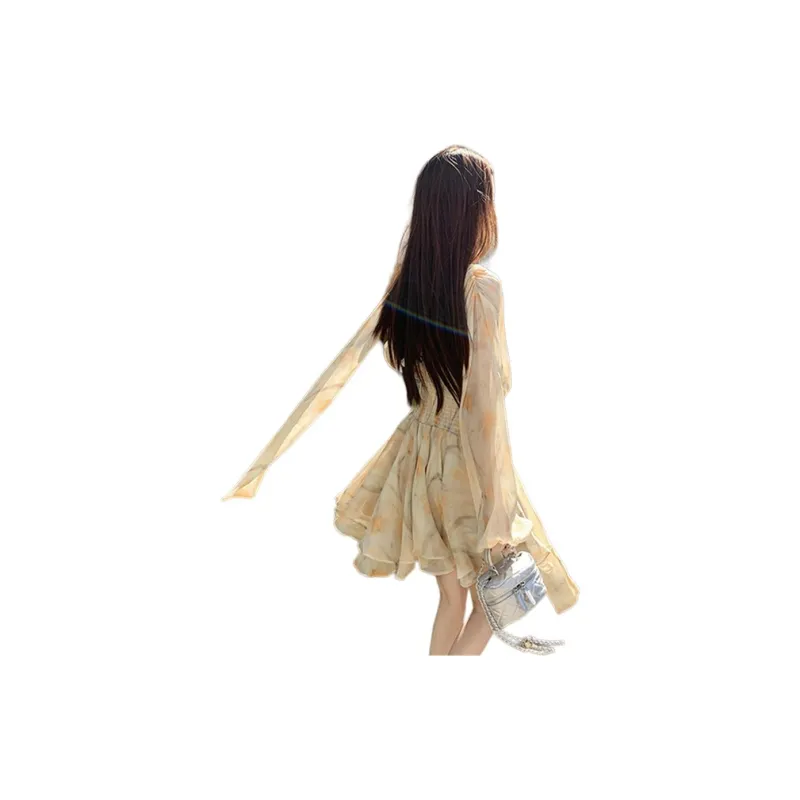Si Bei'er Long-Sleeved Dresses Women's Light Yellow Floral-4