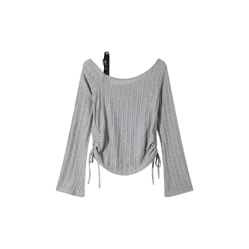 ONEPASS Long Sleeved Asymmetrical Collar Off Shoulder Ruched Knitwear Women's-1