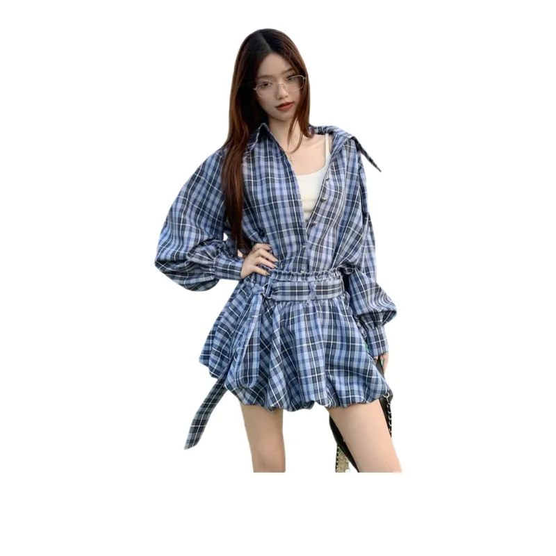 Udon House Skirt Set Women's Blue Plaid-0