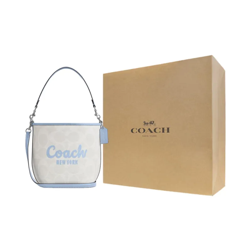 COACH Coated Canvas Bucket Bag, Shoulder Bag, Crossbody Bag, Handbag Women's Glacier White & Blue-5