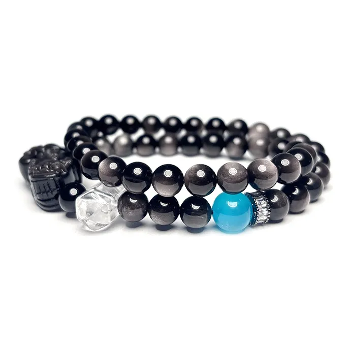 MOUNTAINS AND MANS Obsidian Double Wrap Layering Luxury Good Luck Beaded Bracelet Men's-2