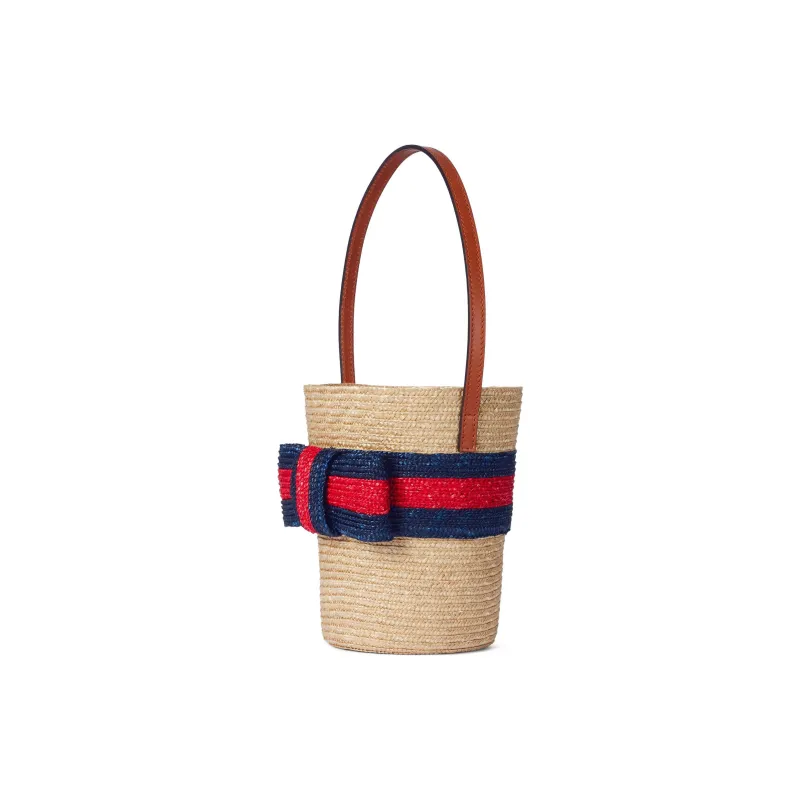 GUCCI Straw Bucket Bags Handbags Kids' Natural & Blue & Red-1