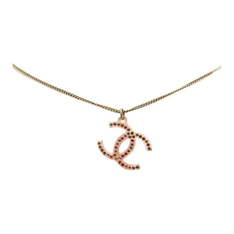 CHANEL 2004 Plated Resin Crystal Pendant Necklace Costume Necklace-0
