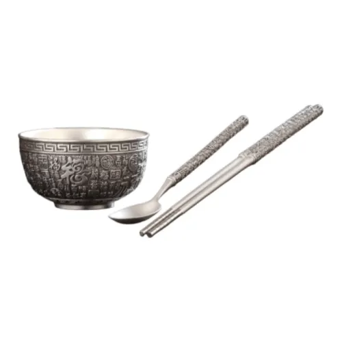 QINGFU 999 Fine Silver Sterling Silver Bowl, Chopsticks, And Spoon Set Unisex