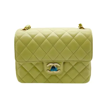 CHANEL Lambskin Chain Bag, Mini Square Flap Bag, Crossbody Bag, Shoulder Bag Trumpets Women's Yellow Green