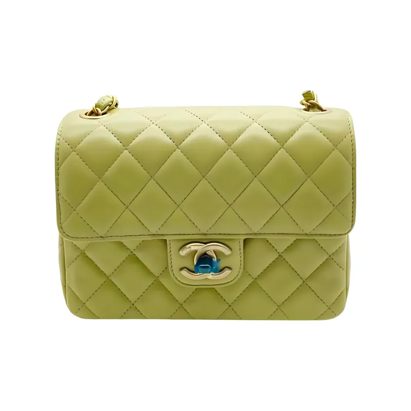 CHANEL Lambskin Chain Bag, Mini Square Flap Bag, Crossbody Bag, Shoulder Bag Trumpets Women's Yellow Green-0