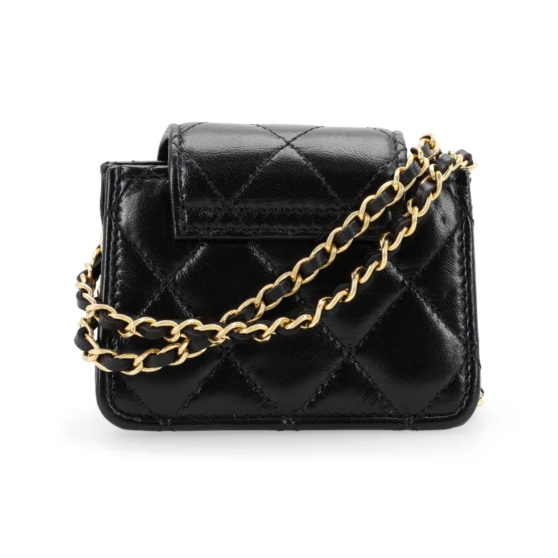CHANEL Sheepskin And Gold Metal One Shoulder Crossbody Clutch Women's Black-2