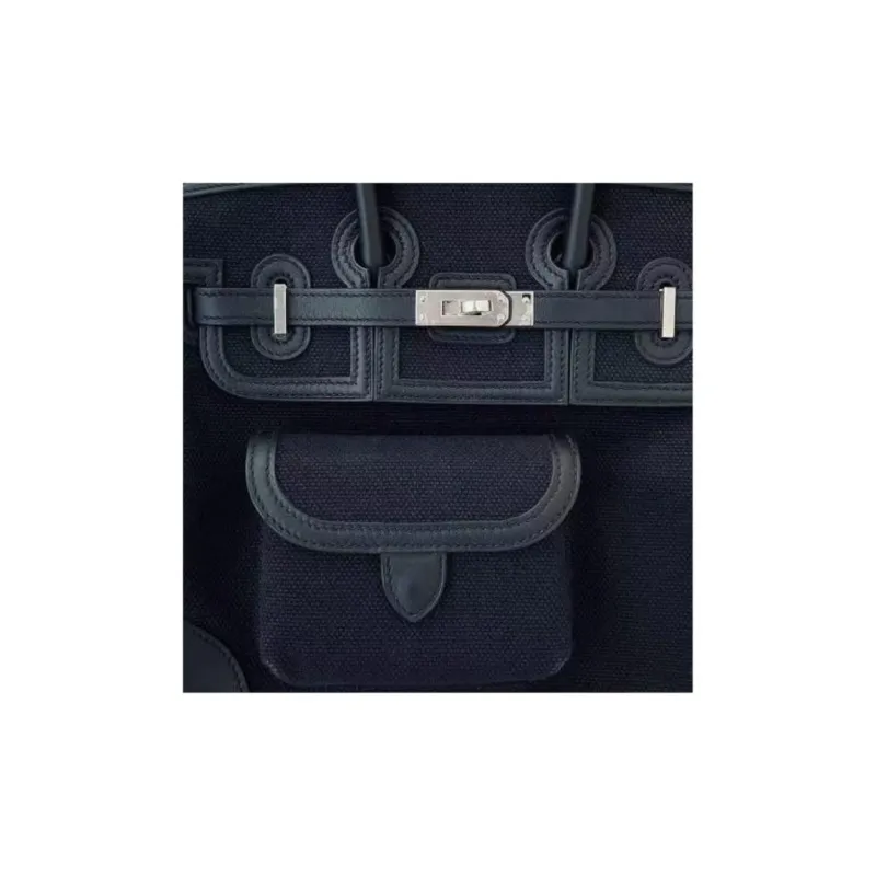 HERMES Birkin Cargo Canvas With Swift Cow Leather Birkin Bag Handbags Women's Black & Dark Blue-2