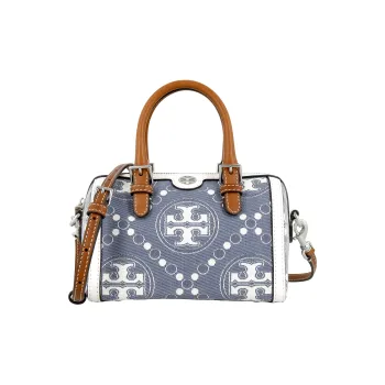 TORY BURCH T Monogram Denim Jacquard With Calfskin Trim Boston Bag Crossbody Handbags Small Size Women's Pearl Blue