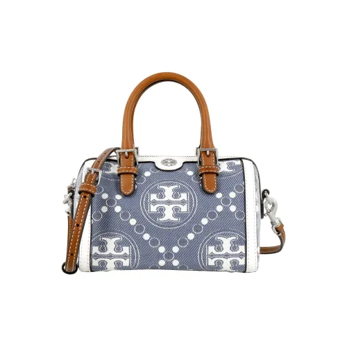 TORY BURCH T Monogram Denim Jacquard With Calfskin Trim Boston Bag Crossbody Handbags Small Size Women's Pearl Blue