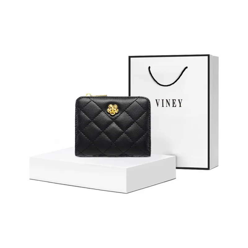VINEY Cow Leather Wallet, Coin Purse, Card Holder, Clutch Trumpets Women's Black-0