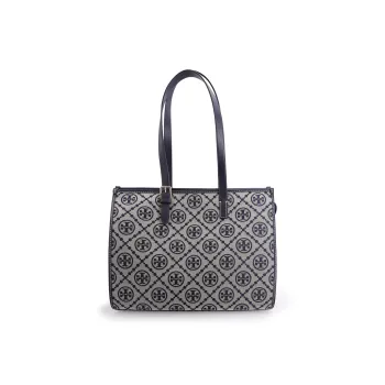 TORY BURCH T Monogram Jacquard Fabric With Leather Trim Tote Bag Shopping Bag Shoulder Bag Handbag Women's Navy