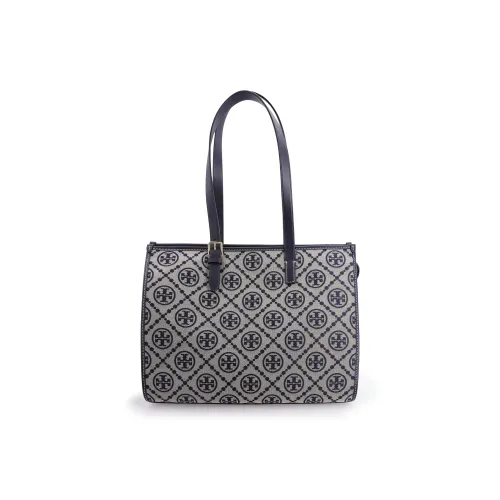 TORY BURCH T Monogram Jacquard Fabric With Leather Trim Tote Bag Shopping Bag Shoulder Bag Handbag Women's Navy