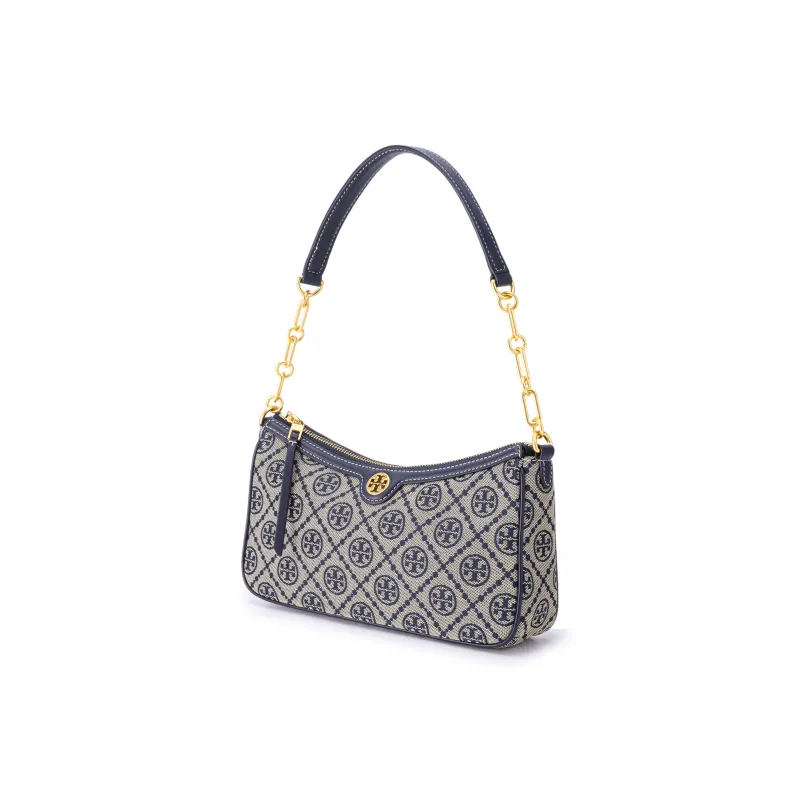 TORY BURCH T Monogram Fabric With Leather Shoulder Bag, Portable Crossbody Bag Women's Marine Blue-1