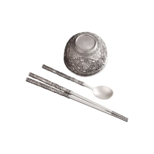 QINGFU 999 Fine Silver Bowl, Chopsticks, And Spoon Three Piece Set Unisex