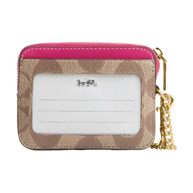 COACH Card Case Canvas With Leather Card Holder Mini Women's Khaki & Cherry Red-1