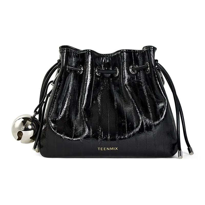 Teenmix Synthetic Leather With Cow Leather Bucket Bag, Crossbody Bag Regular Women's Ecru/Black/Silver-10