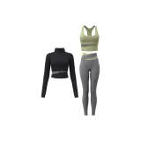 [Three-Piece Set]Starburst Black Coat+Lily Green Bra+Limestone Ankle-Length Pants
