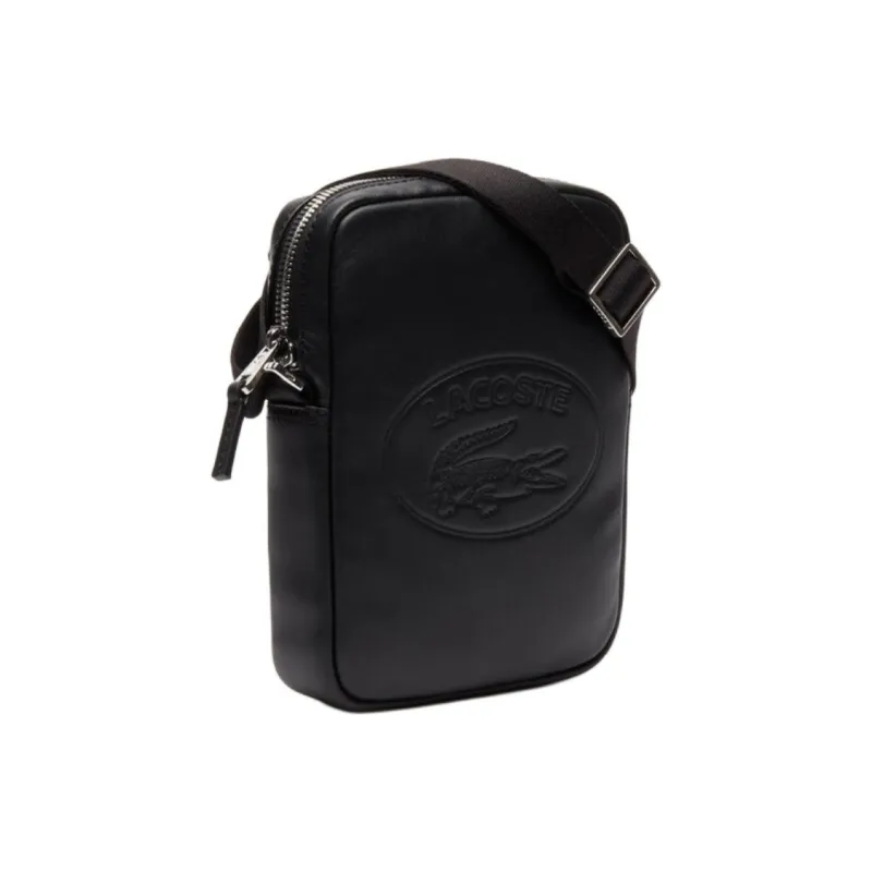 LACOSTE Leather Camera Bags Crossbody Bags Large Size Men's Black-3