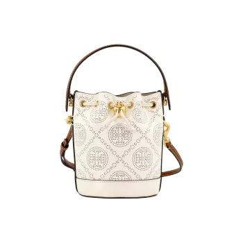 TORY BURCH T Monogram Leather Bucket Bag, Shoulder Bag, Crossbody Bag, Handbag Mini Women's Ivory White