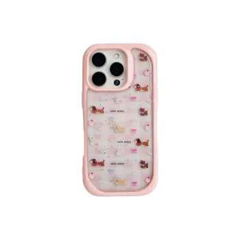 Wei Xin Acrylic Material Pink Plaid Glitter Puppy Phone Cases Compatible With IPhone 16/15 Pro Max/Apple 13/14 Pro/Max