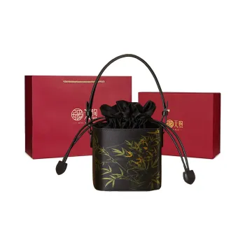 Pmsi Split Cow Leather With Mulberry Silk Bucket Bag, One Shoulder Handbag Trumpets Women's Black Bamboo Leaf