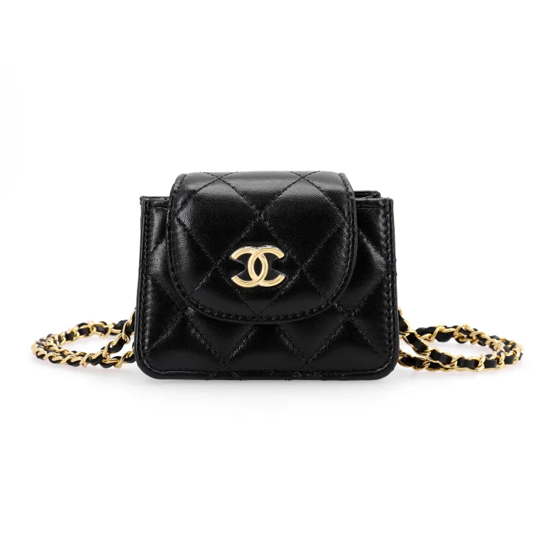 CHANEL Sheepskin And Gold Metal One Shoulder Crossbody Clutch Women's Black-0