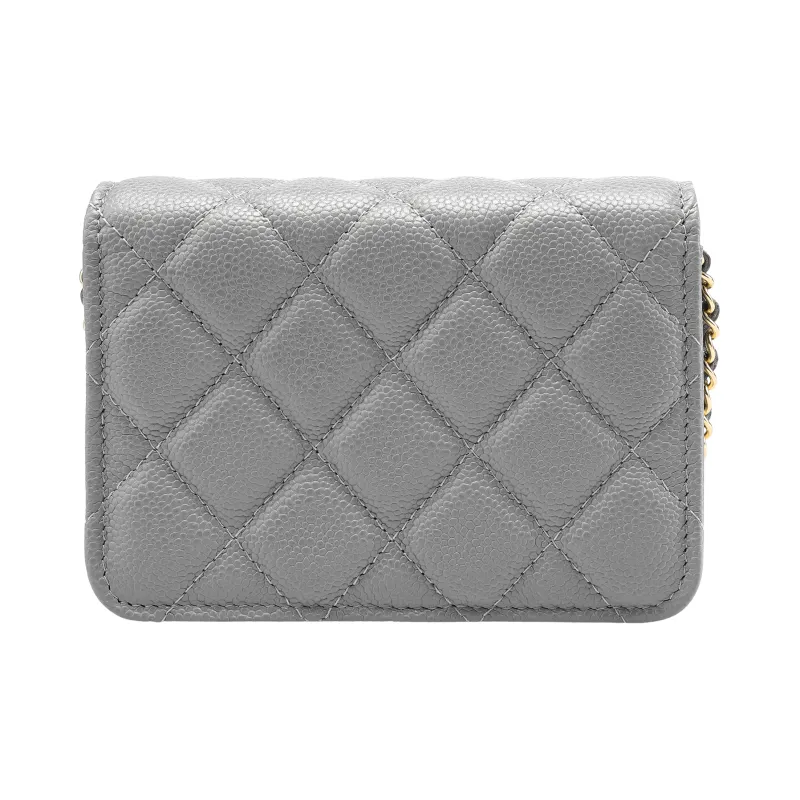 CHANEL Grain Embossed Litchi Grain Calfskin Coin Purse, Clutch, Shoulder Bag, Crossbody Bag Mini Women's Gray-2