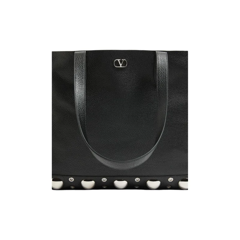 Valentino Cow Leather Tote Bag Shopping Bag Shoulder Bags Large Size Unisex Black-4