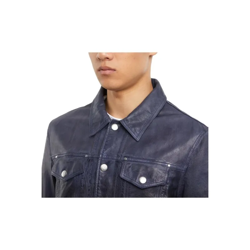 DIESEL Leather Jacket Men's Blue Gray-3