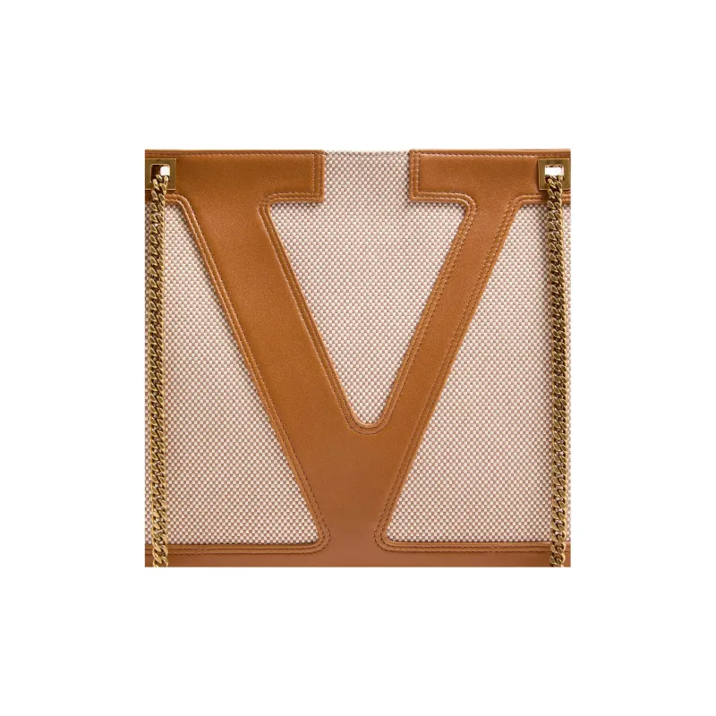 Valentino GARAVANI Canvas Portable Crossbody Bag Shoulder Bag Medium Size Unisex Natural & Brown-6