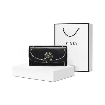 VINEY Cow Leather Wallet Money Clip Card Holder Clutch Small Size Unisex Black