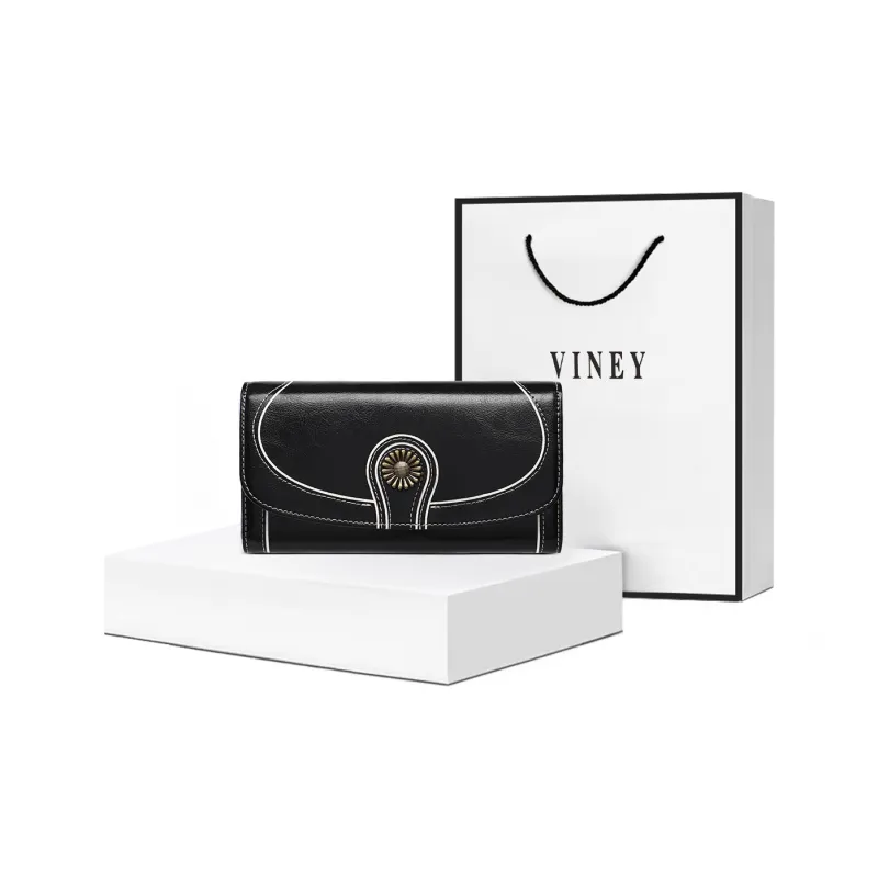 VINEY Cow Leather Wallet Money Clip Card Holder Clutch Small Size Unisex Black-0