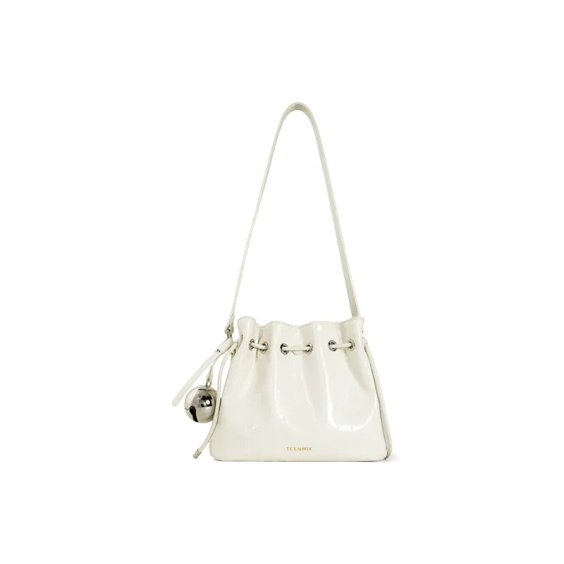 Teenmix Synthetic Leather With Cow Leather Bucket Bag, Crossbody Bag Regular Women's Ecru/Black/Silver-20