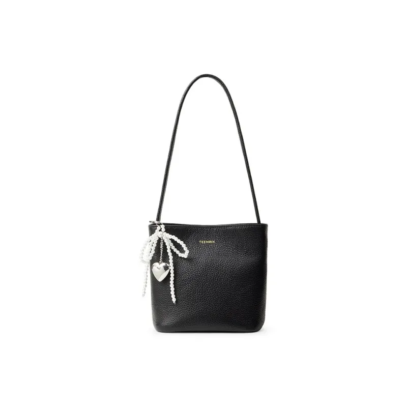 Teenmix Top Grain Cow Leather Shoulder Bag, Crossbody Bag, Bucket Bag, Shoulder Bag Regular Women's Black/Ecru/Red-1