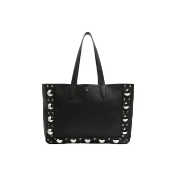 Valentino Cow Leather Tote Bag Shopping Bag Shoulder Bags Large Size Unisex Black