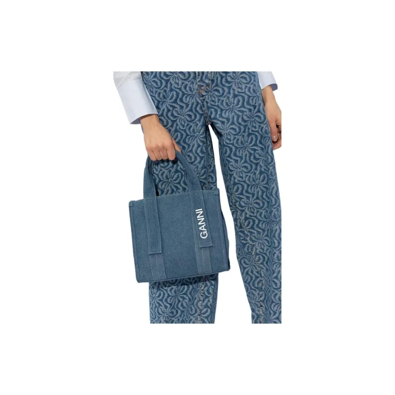 GANNI Tech Logo Printed Denim Tote Bag-4