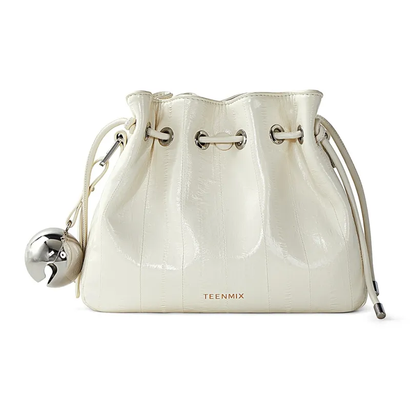 Teenmix Synthetic Leather With Cow Leather Bucket Bag, Crossbody Bag Regular Women's Ecru/Black/Silver-16