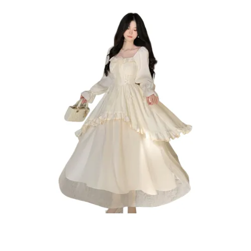 Flowers In Water Long Sleeved Dresses Women's Apricot