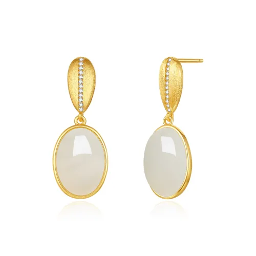 Cuiya Golden Building Hetian Jade Earrings Pale Greenish White Jade Women's