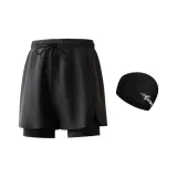 Swimming Shorts+Fabric Swim Cap[Black Mid-Length Style]