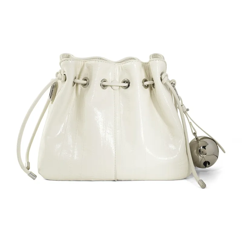 Teenmix Synthetic Leather With Cow Leather Bucket Bag, Crossbody Bag Regular Women's Ecru/Black/Silver-18