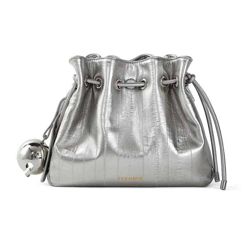 Teenmix Synthetic Leather With Cow Leather Bucket Bag, Crossbody Bag Regular Women's Ecru/Black/Silver-1