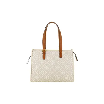 TORY BURCH T Monogram Polyester Tote Bag Shopping Bag One Shoulder Handbag Small Size Women's Ivory White