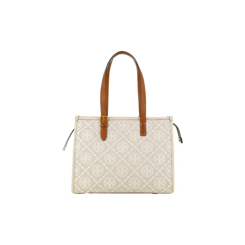 TORY BURCH T Monogram Polyester Tote Bag, Shopping Bag, One Shoulder Handbag Trumpets Women's Ivory White
