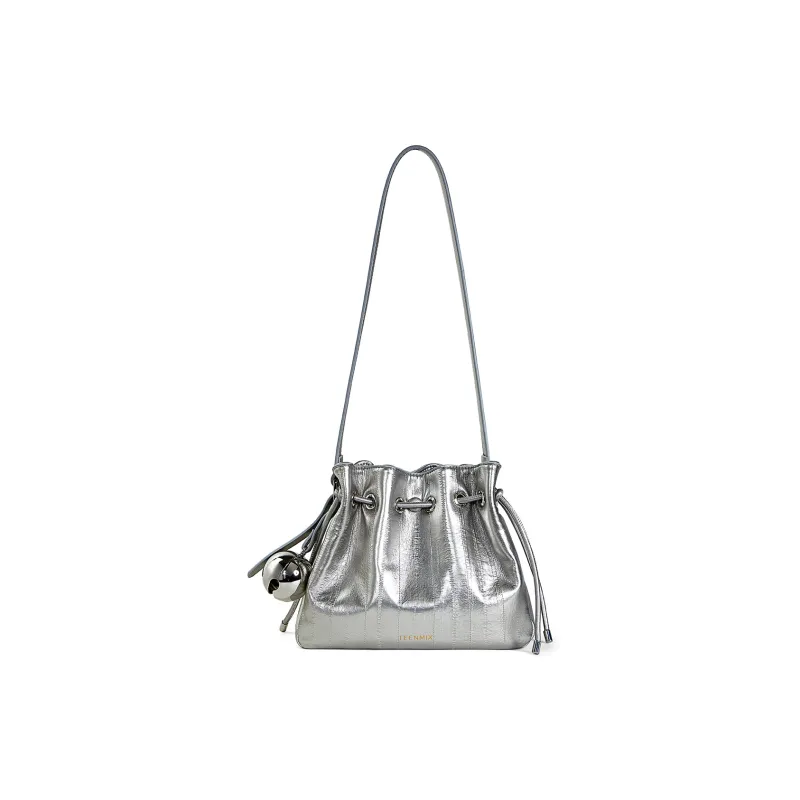Teenmix Synthetic Leather With Cow Leather Bucket Bag, Crossbody Bag Regular Women's Ecru/Black/Silver-7