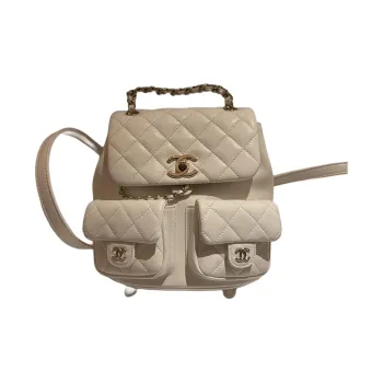 CHANEL Litchi Grain Cow Leather Backpack Medium Size Women's White